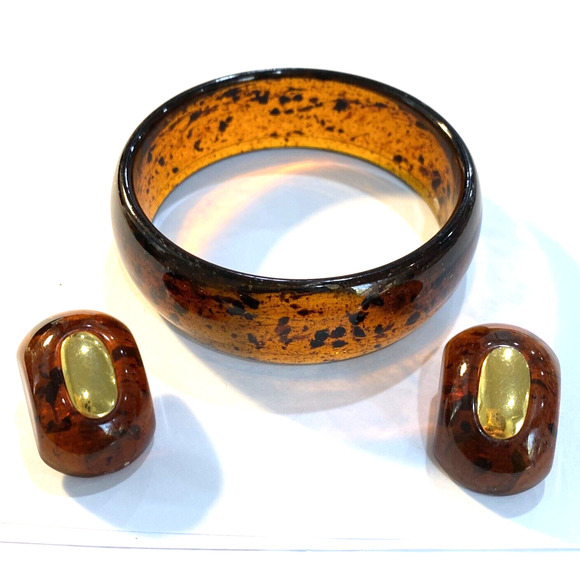 Tortoise Shell Lucite jewelry bangle bracelet clip on earrings signed W Germany - Picture 1 of 10